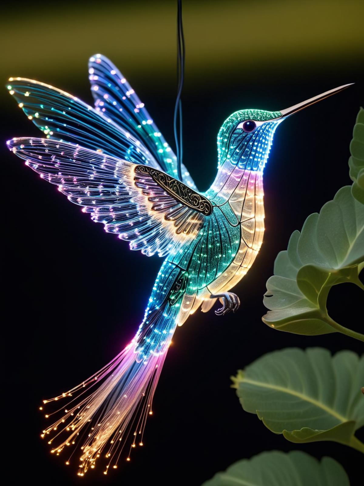 Lighted Blue and Green Hummingbird Decoration in Dark Background