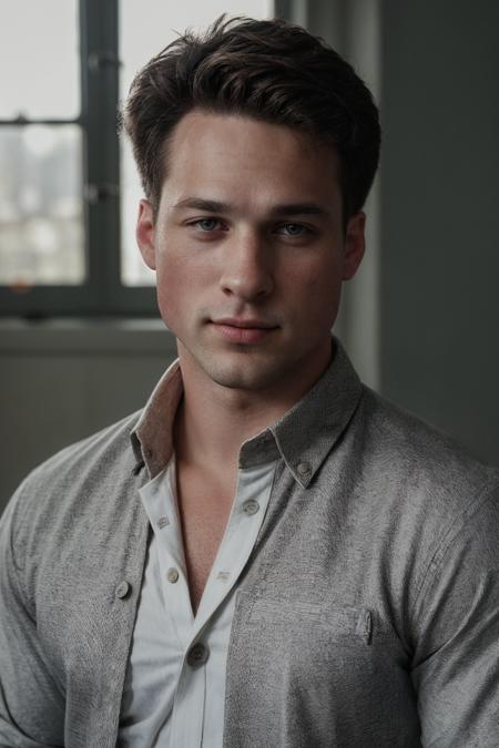 epiCRealism, (male focus), closeup professional portrait photograph of nick sandell wearing a (button down shirt:1.5) on posing for a picture, <lora:Nick_Sandell-07:1>, deep photo, depth of field, Superia 400, bokeh, professional photograph shot, realistic lighting