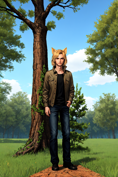 <lora:Phoenix_Montoya-TeST:0.4> Phoenix Montoya,male focus, brown eyes,solo ,  blonde hair, cat ears, animal ears, day,  looking at viewer,full body, leaning on a tree, standing, outdoors, sky,