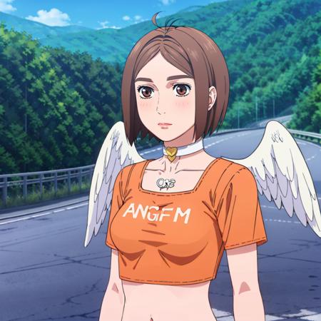 <lora:RenSaionji001:0.7>,close-up,
AngelNumber7,1girl,
heart choker,
angel wings,crop top,
mountain,road,