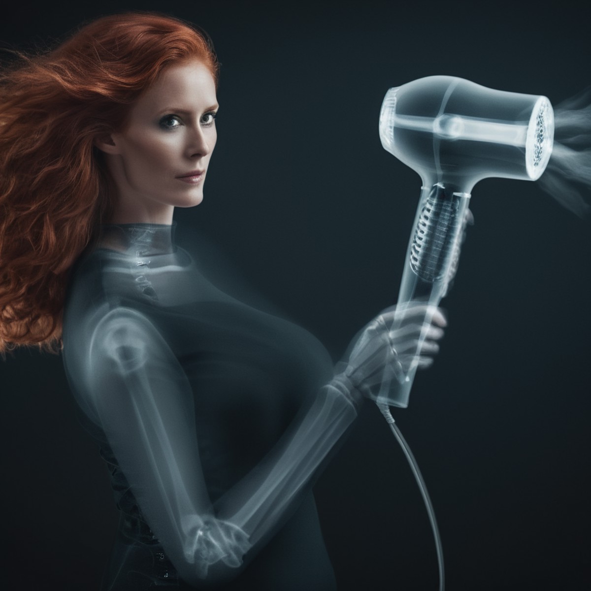 cinematic film still of  <lora:x-ray style:1>
a red hair flying hair skeleton holding a hair dryer in its hand,x-ray style...