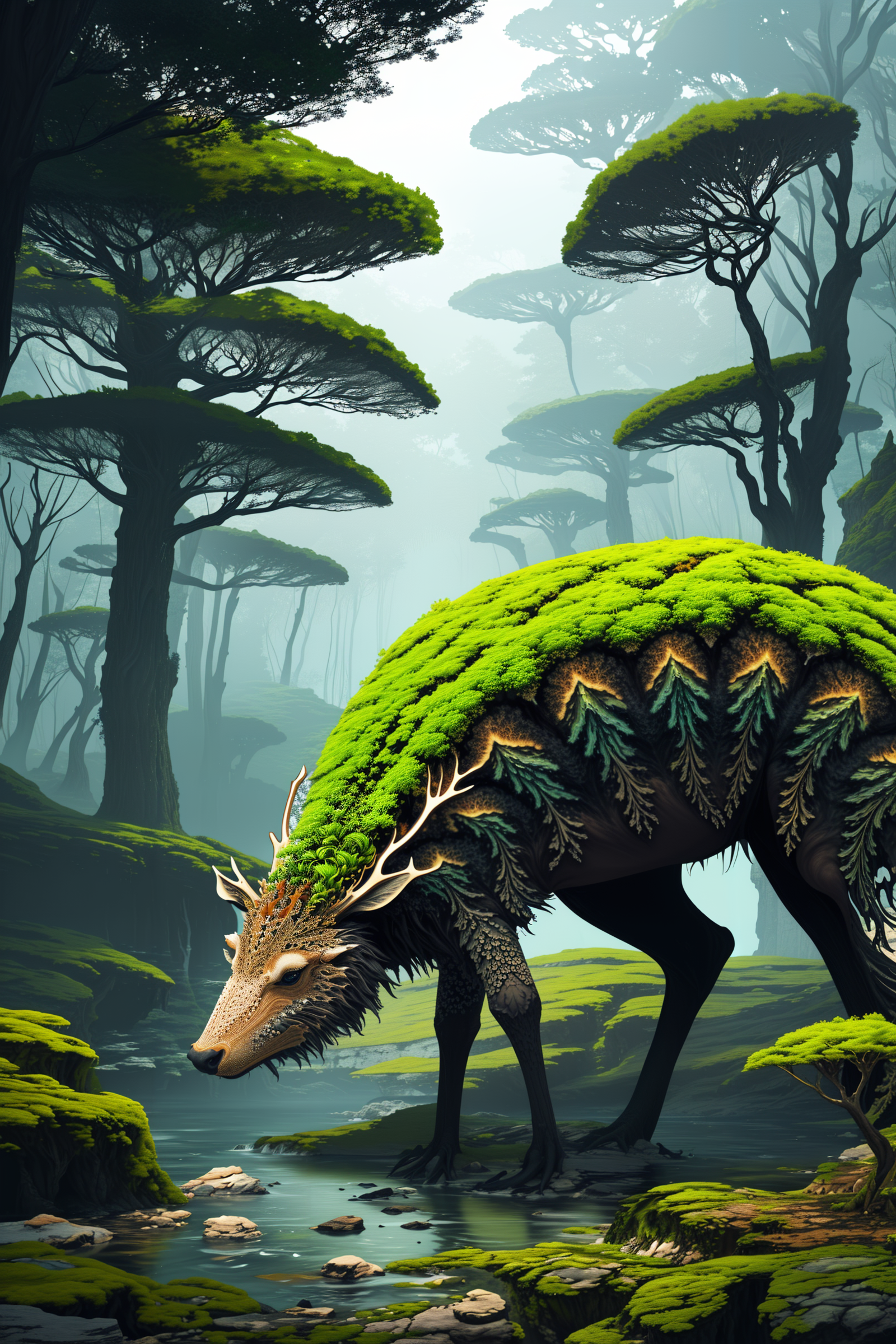 masterpiece, best quality, (realistic, highly detailed), fractal landscape forest animal
