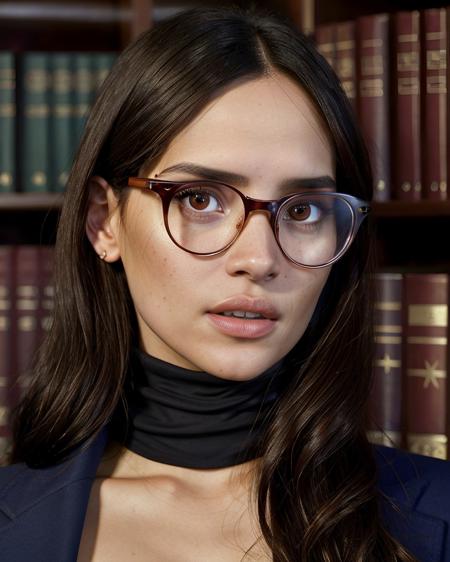 AdriaAchz, Shhhh!, (realistic, hyperdetailed:1.3) photo of 1girl as a strict librarian, closeted dom, (medium close-up), face focus, glasses, turtleneck, (stern expression), sensible hairstyle, skirt, accusatory finger pointed at viewer, intelligent composition, library background, volumetric lighting, (masterpiece, best quality:1.5), <lora:+ Unhorny_(-3.0-4.0) v01:1.5>,