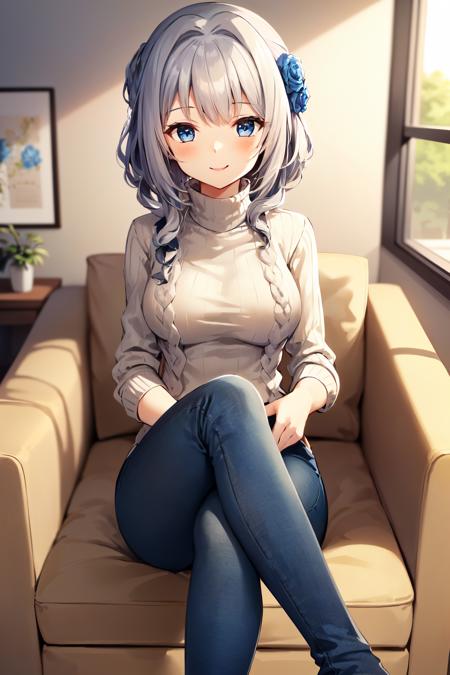 <lora:MitamaV7:1>1girl, solo, medium hair, (wavy hair:1.35), (beige turtleneck sweater:1.3), blunt bangs, blue eyes, (blue jeans:1.25), large breasts, grey hair, hand on own lap, sitting, indoors, living room, sofa, by window, looking at viewer, smile, hair flower, blue rose, POV, from front, looking at viewer, (legs crossed, sexy smile:1.2)