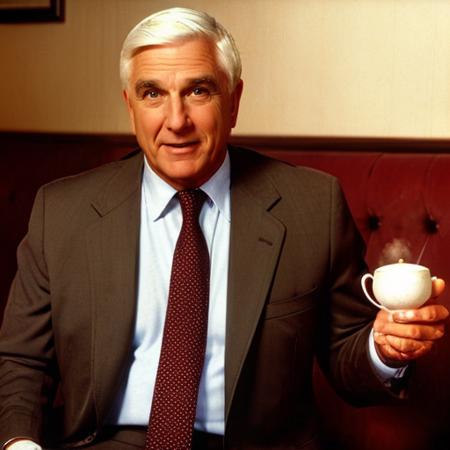 a man drinking tea in a cafe, full body  <lora:LeslieNielsenLora:0.8> 1boy, white hair, old man, formal, shirt, necktie, suit, manly