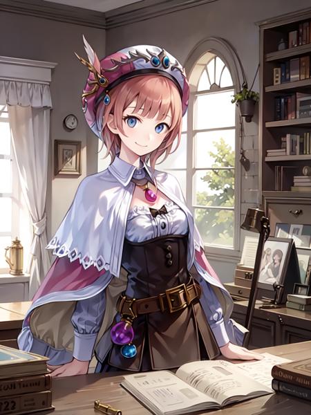 charrorona, 1girl, solo, belt,smile, upper body, short hair, dress, hat, short cape, black bow, pendant, skirt, jewelry,long sleeves, arms at sides, flask, looking at viewer,  indoors, desk, bookshelf, window, sunlight, <lora:roronav1g:1>