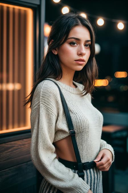 photo of (EPBl0dvy:0.99), closeup portrait, perfect hair, (modern photo,Fair Isle knit sweater dress), 24mm, (analog, cinematic, film grain:1.3), ((neonsky club and lounge,  smart electroactive building skins,fiber cement siding, glow-in-the-dark plants,fireflies, patio umbrella lights, gradient:1.1)), ((detailed eyes)), ((eyeliner, long lashes)), (child_carry), (epicPhoto), long eyelashes, (perfect waist), (painted lips)