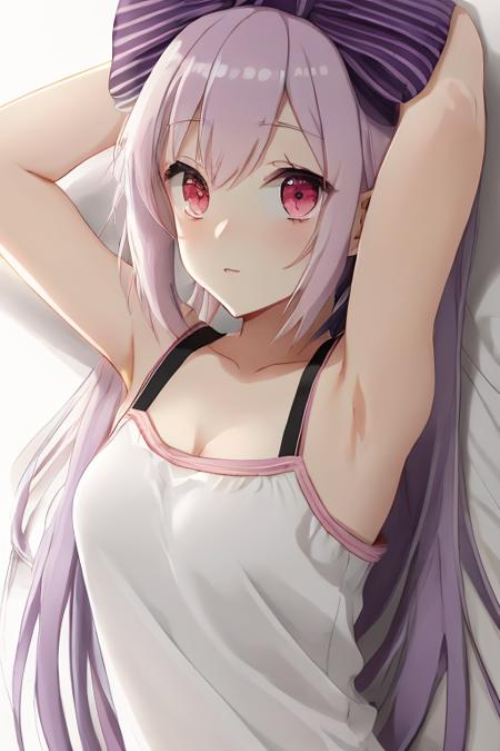 1girl,(anime:1.2),red eyes,masterpiece,best quality,on bed,pink|white|purple hair,white background,,upper body,  <lora:loom-v2-000005:1>