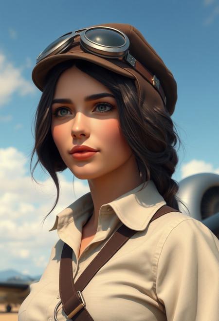 Masterpiece. Illustration of a beautiful woman, vintage aircraft pilot, early twentieth century, aviator hat, propeller plane in the background, high-res, semi realistic, best quality, intricate details, ultra details, good lighting, vibrant colors, very detailed, octane render, ray tracing,
