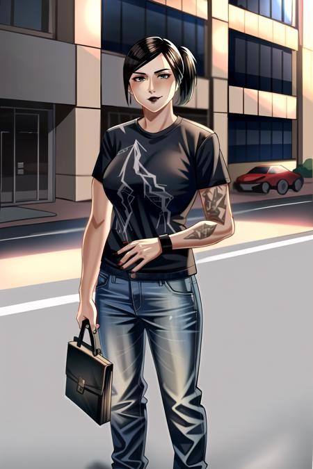 1girl,paigeharrisgta,standing,smiling,holding briefcase,full body,jeans,denim,t-shirt,black hair,black lipstick,ponytail,medium breasts,in city,outdoors,modern architecture, <lora:PaigeGTA:0.7>, <lora:add_detail:0.5>