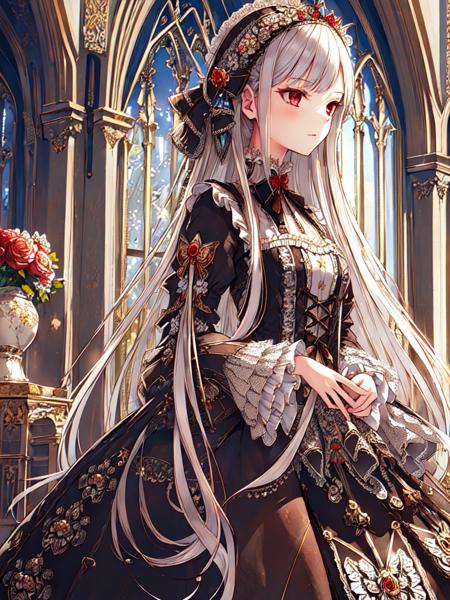 ((masterpiece)),((best quality)),(ultra-detailed),(illustration),((an extremely delicate and beautiful)),(dynamic angle), 
1girl, flowers, spring, beside window, rose, very long hair, detailed face, long eyelashes,  flower in eye,  frilled sleeves, corset, tiara, princess, 
red eyes, black dress, cross, hair ornament,  (lo gothic:1.4),  <lora:lo_fashions_v5:0.64>