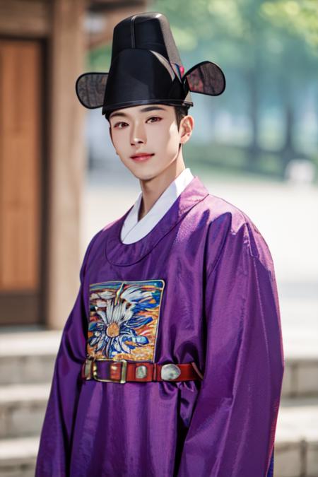 1male, hanbok, hat, korean clothes, robe, upper body, outdoors <lora:hanbok_mun_v4:0.9>