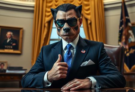 dr claw in sharp suit inside the oval office, real photograph, inspector gadget style, photorealistic, correct hands, correct fingers, presidential seal, vote button, campaign photo, election, elegant scene, cobra insignia