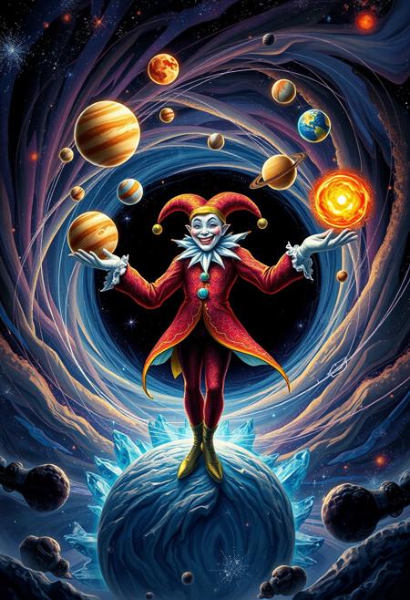 "Cosmic jester, a gargantuan being of swirling, starry energy, stands at the center of a churning black hole. With an impish grin, the jester effortlessly juggles an entire solar system, planets and moons suspended in mid-air as if defying gravity and space-time itself. The black hole's event horizon rages around the jester, its darkness illuminated by the vibrant colors of the juggled planets. Stars and galaxies wheel in the background, a dizzying celestial tapestry that underscores the jester's impossible, godlike feat. Style: vibrant, cosmic, and surreal, with a focus on capturing the jester's playful, mischievous energy amidst the mind-bending vastness of the universe."