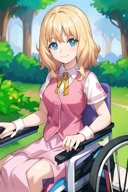 1girl, sxhelen, blonde hair, medium hair, blue eyes, pink vest, neck ribbon, pink skirt, forest, wheelchair, smile <lora:sonicx_helen:0.7>