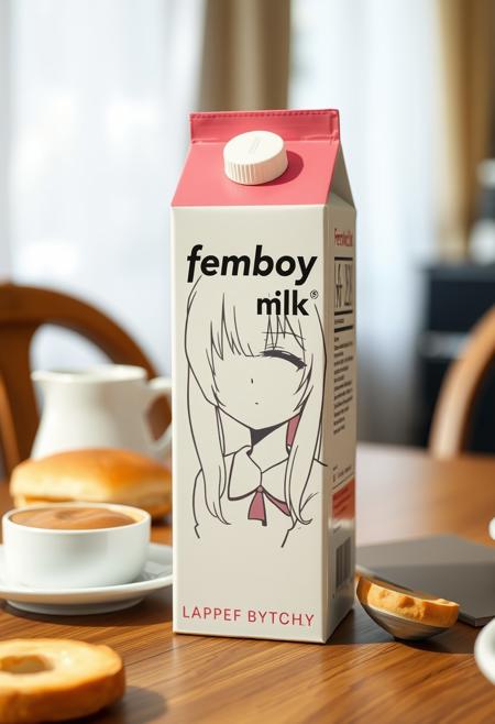 a milk box on a breakfast table. The milk is titled "femboy milk" with a anime girl character blinking his eye