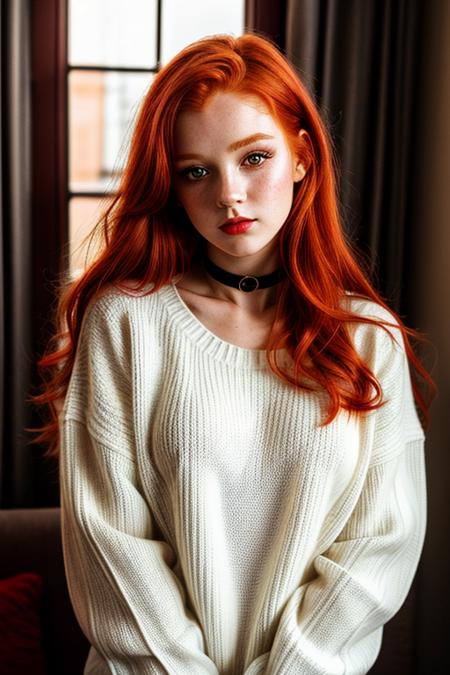 raw photo, (18yo redhead girl:1.2), makeup, graphic eyeliner, rouge, (choker:0.9), realistic skin texture, oversize knit sweater, (red:0.8), softcore, warm lighting, cosy atmosphere, instagram style, <lora:more_details:1>