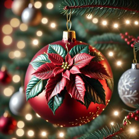 very realistic close-up photograph of a  Christmas sphere with a  poinsettia on it hanging in a Christmas tree branch
