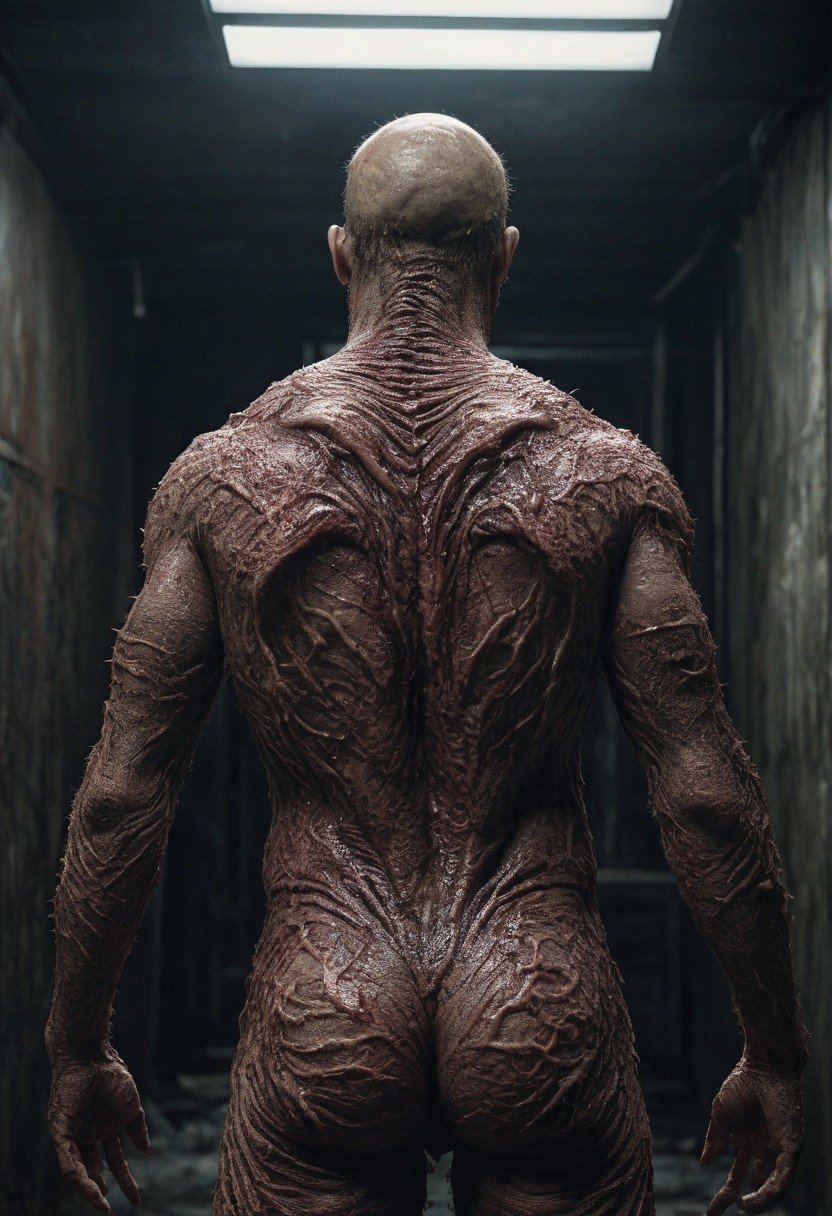 Hyperrealistic horror art imaginative, bleak,vibrant immersive, killer monster,Hyperrealistic art cinematic film still photography in the style of detailed hyperrealism photoshoot . Extremely high-resolution details,photographic,realism, human flesh, fine texture,incredibly lifelike, horror, full body pose, back-view, back of body, full view