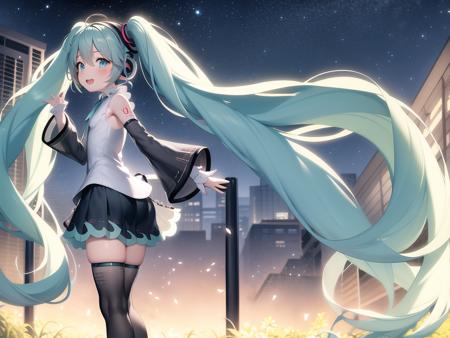 8k, masterpiece, best quality,1girl, (hatsune miku:0.8),blush, happy,  outdoors, night, <lora:Hatsune_miku_NT:1>, from side,