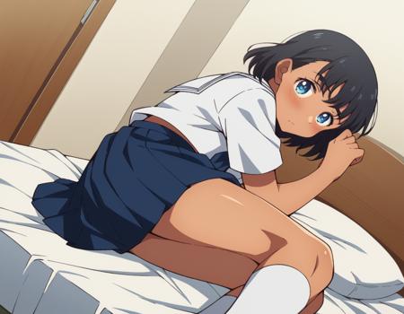 mio kofune, short hair, blue eyes, black hair, dark skin, dark-skinned female, skirt, shirt, school uniform, white shirt, short sleeves, pleated skirt, serafuku, socks, blue skirt, white socks,