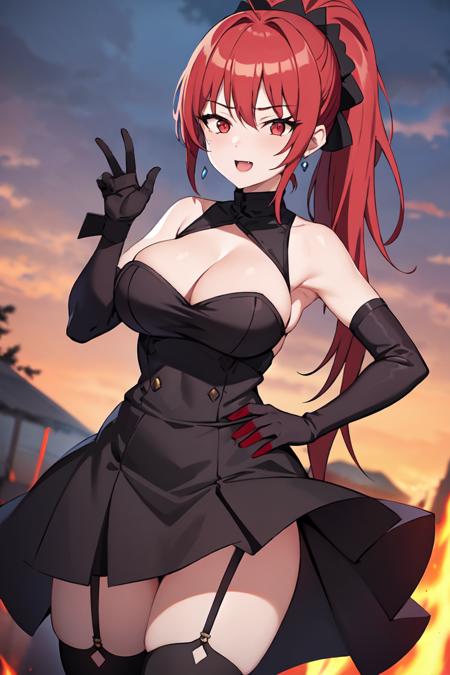 1girl, bangs, bare_shoulders, blue_sky, blush, breasts, cleavage, cloud, cloudy_sky, day, earrings, eyebrows_visible_through_hair, garter_straps, gloves, hand_on_hip, jewelry, large_breasts, long_hair, looking_at_viewer, open_mouth, outdoors, ponytail, red_eyes, red_gloves, red_hair, skirt, sky, solo, thighhighs
maya Ikusaba <lora:Maya IkusabaV3:0.7> ((best quality)), ((masterpiece)), (detailed), smile, (evil:1.2)
(interview:1.3), (dark background, fire:1.3)