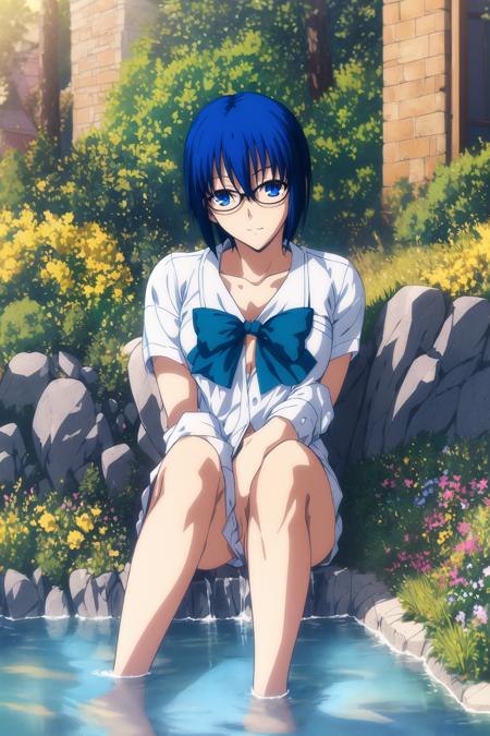 (masterpiece,best quality), <lora:CielTsukihime-000002:0.8> tsukihimeciel, 1girl, full body, blue eyes, blue hair, glasses,short hair, detailed face,long legs, sexy, errotic, nsfw, white shirt, blue bow, spread legs, from the front, frontal view, open legs, legs apart,looking directly at viewer, pussy, vaginal, visible pussy, outdoors, detailed, clear face, sitting on ground,