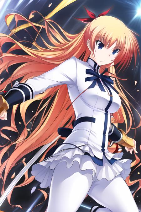 majikoi, christiane friedrich, 1girl, best quality, masterpiece, red hair ribbons, white leggins, knee high boots, blond hair, fighting pose, holding sword, rapier, determined, <lora:Christiane_Friedrich-15:0.7>,  <lora:MajikoiStyle:0.6>