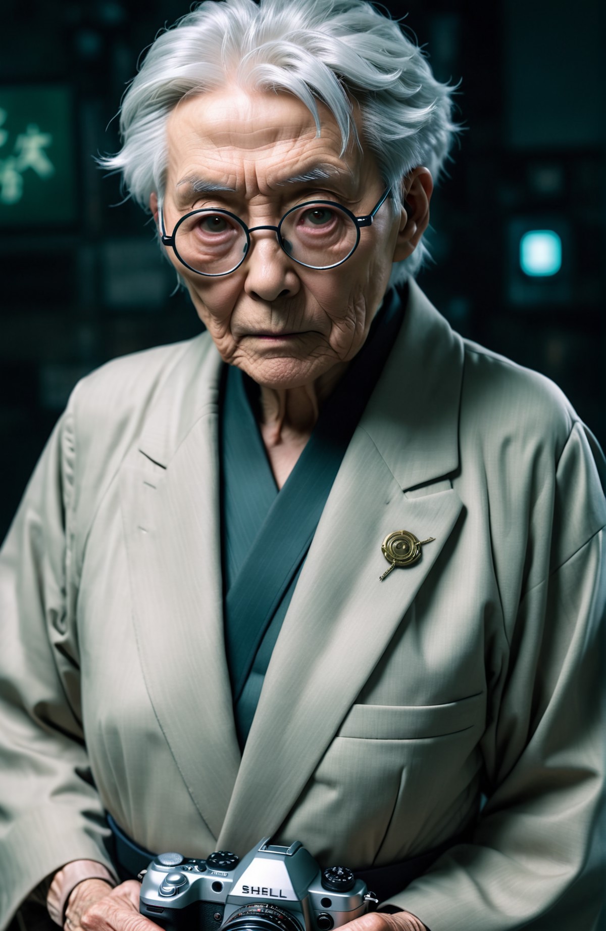 a fashion photoshoot of a old japanese professor from Ghost in The Shell live action anime remake, cover photo of really o...