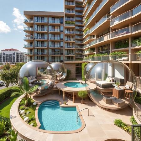 Inside a 10-story mixed-use building that inspires the idea of a bubble, each sphere is an apartment with a garden, pool and amenities in Palisades, California, and creates a sense of separation from each other.