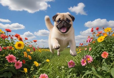 Highly detailed photograph of a pug puppy leaping through the air above a field of colorful flowers. Side view. Floppy ears, big eyes, very cute, very happy, joyful. Blue sky with fluffy clouds. Bright sun, god rays.