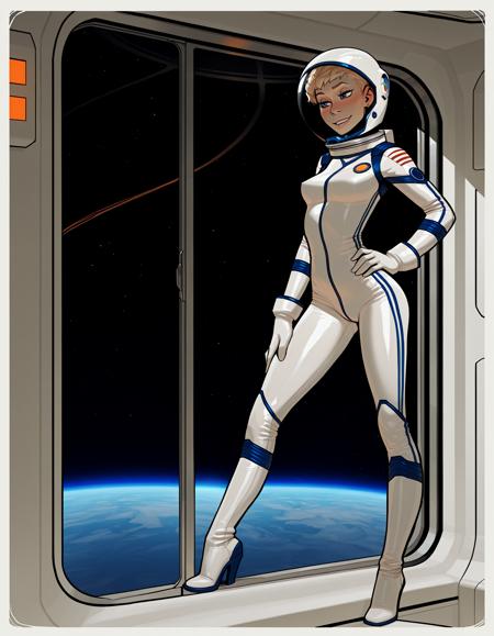 IllustriousQual, detailed face,
tall woman, solo, very short blonde hair, pixie cut, small breasts, long legs, mischievous smile,
wearing a spacesuit and helmet, 
on a space station, posing in an airlock, view of blue planet out of window,
<lora:incaseIllustrious:0.8> incase style,