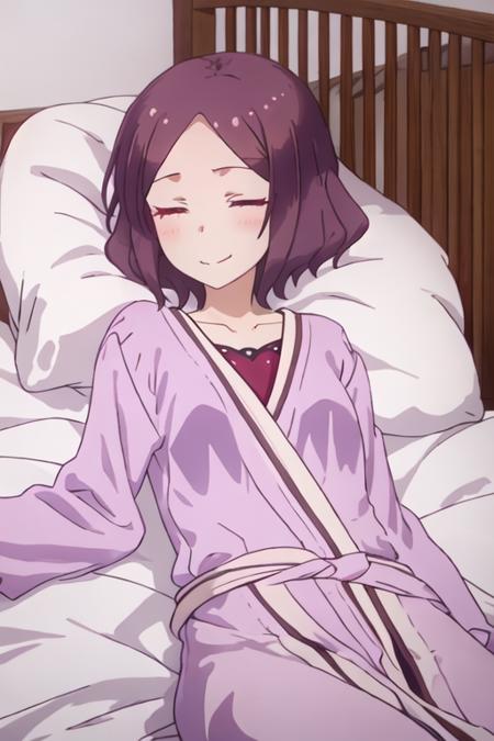 best quality, masterpiece, highres, solo, {tooyama_rin_newgame:1.15}, short_hair, brown_hair, purple_eyes, blush, purple_hair, smile, 1girl, blanket, closed_eyes, lying, pillow, sleeping, under_covers, bed