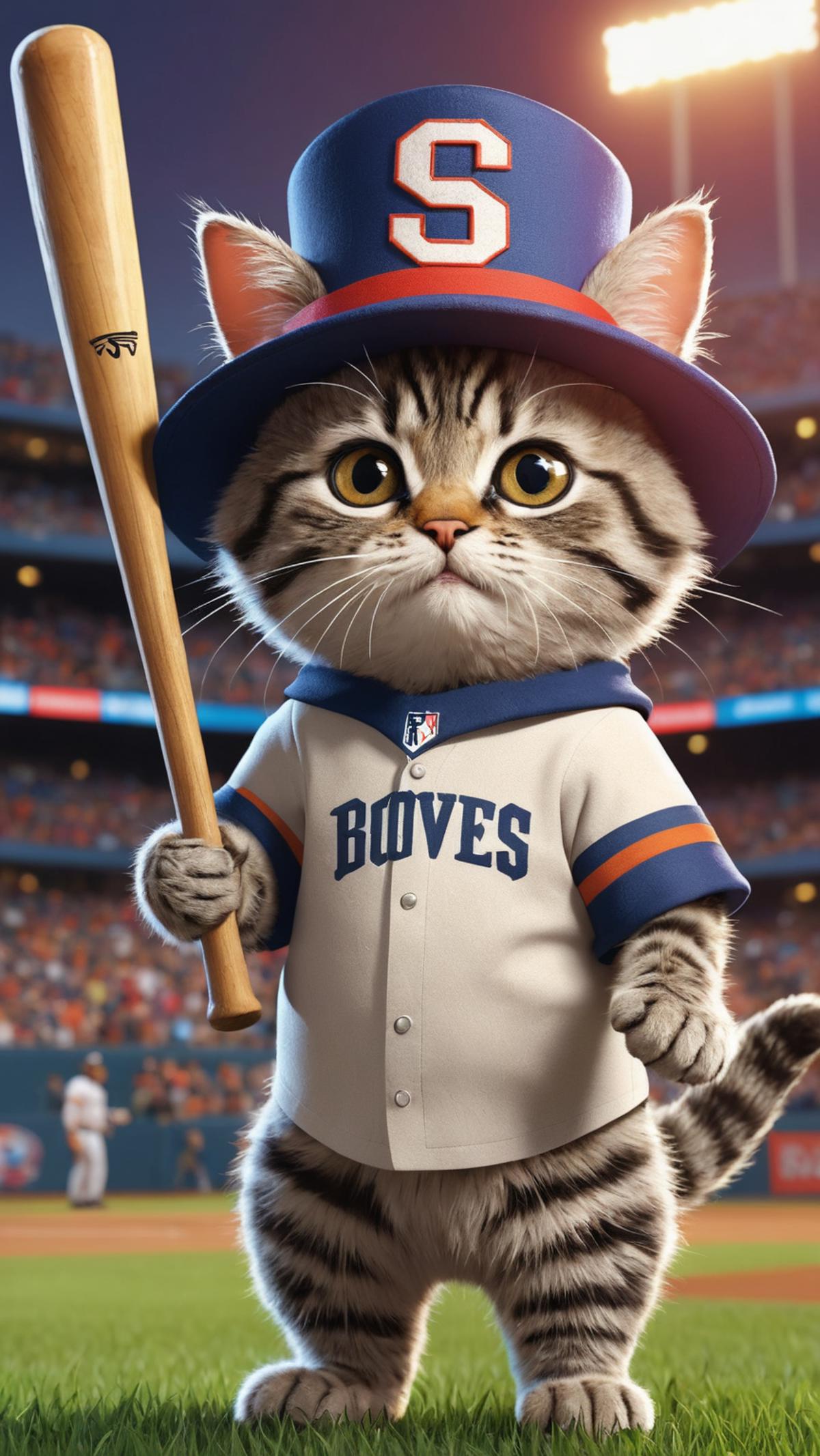 A cartoon cat wearing a baseball uniform and holding a bat.