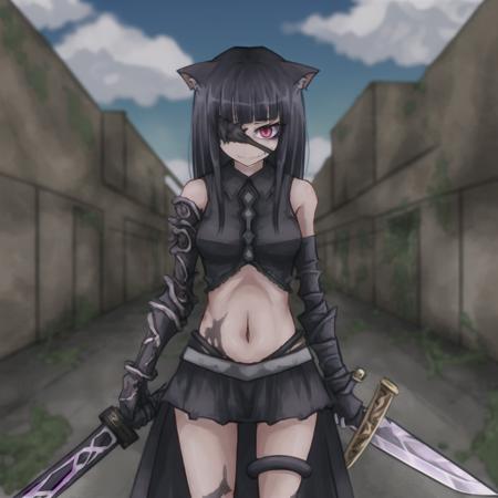 ageha in armor, monstergirl, ageha, weapon, sword, 1girl, solo, animal ears, holding sword, holding weapon, sheath, holding, long hair, gloves, sharp teeth, bangs, tentacles, looking at viewer, hand on hilt, extra pupils, unusual eye, extra arms, standing, jewelry, closed mouth, heavy armor, blunt bangs, by Ray-kbys, in ruins of ancient city, ruins in background