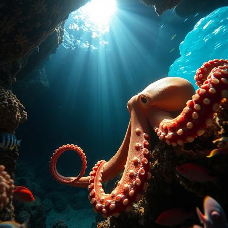 a very detailed close picture of an octopus near an underwater cave ,sunlight pasing throw water, carl reef , colorful fishes