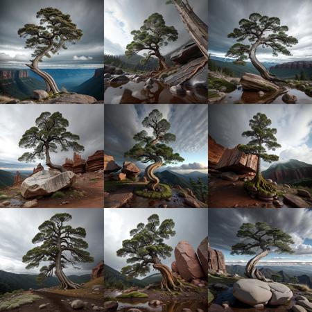 realistic, RAW,8K,4K
tree, dead pine tree,
strange shape,
tall and strong trunk,
(Thick leaves:1),
rock,dirt ground,grass,cliff,
outside, (cloud sky,rain,mountain:1),wet ground,
wind,    <lora:Bonsaitree:0.4>