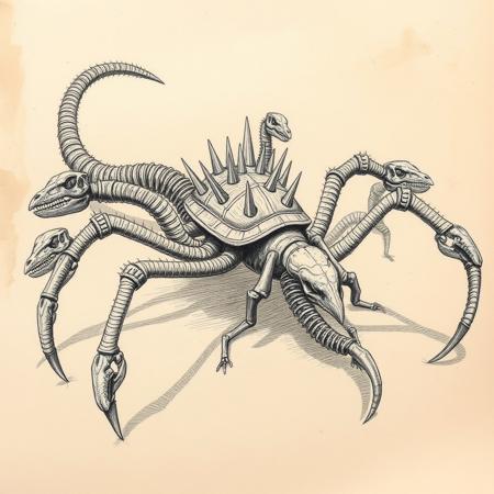 weird cryptic sketch, paleontology, spider turtle snake, multi armed, spikes, regenerative crystals, multiple dinosaur skeletons, 200 legged creature with dinosaur skulls on the ends, spines, bones, creature, ribs, ugly