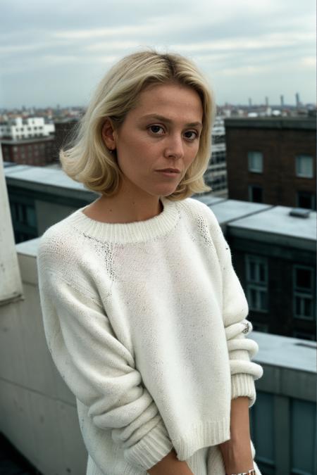 closeup of sgwver wearing a [[white]] sweater, blonde hair, a rooftop [penthouse] at noon, [35mm lens: : 0.8], <lora:SgWver:1>