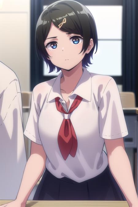 aitanahara, <lora:ai tanahara anime s1-lora-nochekaiser:1>, 
ai tanahara, short hair, black hair, hair ornament, (brown eyes:1.3), hairclip, (swept bangs:1.5), (flat chest:1.2),
BREAK shirt, white shirt, collared shirt, neckerchief, red neckerchief, skirt, black skirt,
BREAK indoors, classroom,
BREAK looking at viewer,
BREAK <lyco:GoodHands-beta2:1>, (masterpiece:1.2), best quality, high resolution, unity 8k wallpaper, (illustration:0.8), (beautiful detailed eyes:1.6), extremely detailed face, perfect lighting, extremely detailed CG, (perfect hands, perfect anatomy),