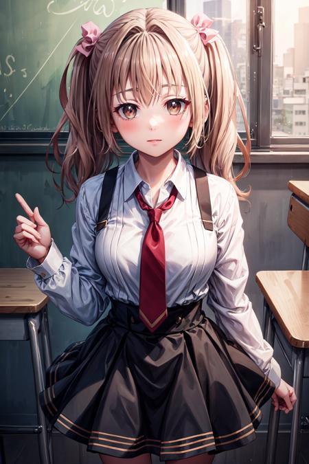 ((best quality, high quality, masterpiece, highres)), noa akizuki, 1girl, solo, looking at viewer, school uniform, white shirt, red necktie, bow, school, classroom, cowboy shot, skirt, <lora:noa_akizuki:0.8>