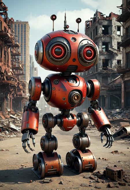 hyper detailed, 4k, masterpiece, concept art, whimsical cyberpunk style, small and quirky red and black robot with large round eyes, standing in a deserted city, rusted and weathered metal components, intricate details on the robot's body, background of a whimsical city with destroyed buildings, dynamic and natural lighting, surreal and endearing atmosphere, rich textures and vibrant colors, emphasizing the robot's charm and the fantastical setting