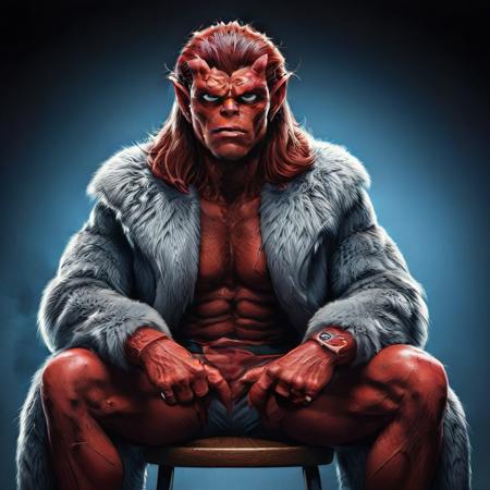 gargoyles_comic, red skin sitting on a chair, furcoat, evang, detailed face, detailed hair