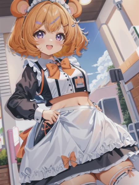 eimi,  <lora:Eimi-PC_1:1>, small hamster ears, hamster girl, short skirt,midriff, short hair, hairclips, orange hair, purple eyes, smiling, blush, ribbon, big eyes, (((maid outfit)))