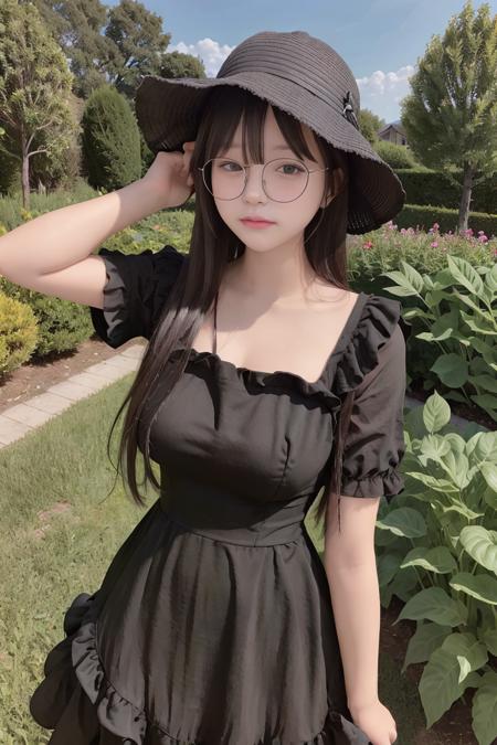 a photo of a girl wearing black dress and brown garden hat in garden, <lora:n3k0:0.8>, long shot, eye glasses,  <lora:koreanDollLikeness_v15 (1):0.2>, black short hair, from side view,