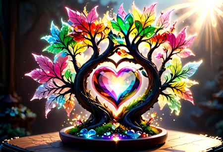 photorealistic, sparkling magical fantasy Magical hearts, made out of transparent multicolored glass, light shines through, magical artifact, very detailed, amazing quality, intricate, cinematic light, highly detail, beautiful, surreal, dramatic, warm colors, This is a bonsai, flx$tyl3