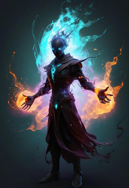 Artnthrmg, With this spell, the nether mage can turn his body into pure elemental nether. In this form, the mage is able to use his own body as a receptacle for elemental energies that can be used afterwards for various nether spells. The control of nether energy is very difficult and a careful nether mage makes a strong point of always having is control spell up and to avoid returning to his normal body with too much stored energy. The amount of nether energy that can be stored is linked to the nether mage status in the nether guild. A nether mage must also be careful not to have too much elemental energy stored when he goes back to his normal form, for else the huge amount of energy will explode into the air around the mage, which might prove quite lethal. Efficiency of this spell depends on the mage knowledge in the basic bodies and masteries, fire, earth, water and air.. ::2 masterpiece, long exposure, layered elements, motion photography, stark contrasting color transitions, saturated colors, harmonious color story, illusionism, beautiful details, blackhole energy core, ::1 --style raw
