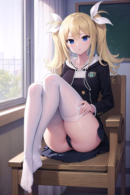 Arimura, blonde hair, blue eyes,  hair ribbon, white ribbon, school uniform, thighhighs, white thighhighs,