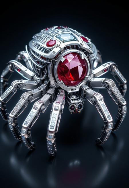 SilverPulse, mechanical spider, ruby and diamonds,  intricate, hyper-detailed, professional photoshoot, ultra-sharp, vivid colors, dark lighting, 50mm lens,