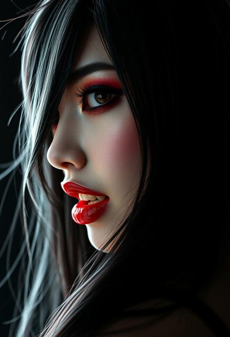masterpiece, high detail, ArsMJStyle, dnddarkestfantasy, masterpiece, closeup portrait of stunning oriental vampire Women, long black hair with white streak, dark eyeshadow, red lips, mouth slightly open showing fangs, chiascuro, sexy, seductive, erotic, direct gaze, dark background. highest definition, HD32K, wallpaper, hyperdetailed, concept art, extreme closeup, side profile
